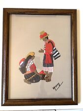 Vtg Guatemala Handmade Stitched Crewel Woven Embroidery Framed Folk Art 25x19 picture