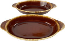 HULL Au Gratin Casserole Dish Oven Proof Pottery Brown Drip Glaze Set of 2 USA picture