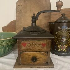 Vintage Primitive Wood Ornate Cast Iron Coffee Grinder Hand Crank Box Dovetail picture