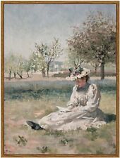 12x16in Vintage Woman in Garden Oil Painting Print Multicolor Wall Hang Framed picture