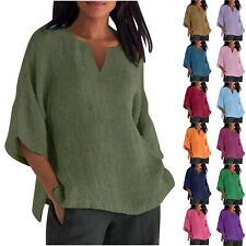 Women Summer Cotton Linen T-Shirt Solid Tees Loose Blouse 3/4 Sleeve Vintage Top picture