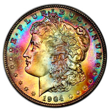 MS66 PCGS CAC 1904-O Morgan Silver Dollar Red White Blue & Gold Rainbow Toned picture