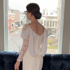 Vintage 1970s 1980s White Lace Column Wedding Dress Sash Draped Bridal Gown XS/S picture