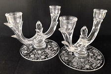 Vintage New Martinsville Etched Glass Prelude Candlesticks (2) Double Light picture