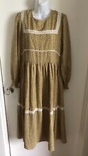 Vintage 70s Vibes Cottage Core Prairie Ditsy Floral Lace Golden Lined Dress M picture