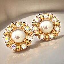 Vintage Roman Earrings Gold Tone Crystal Simulated Pearl Pierced 6Q picture