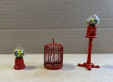 Lot Vintage Red Metal Dollhouse Miniatures - 2 Gumball Machines And A Bird Cage picture