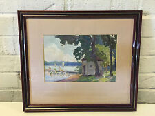 Possibly Vintage Oil Painting Landscape w/ Figures Swimming by Dock picture