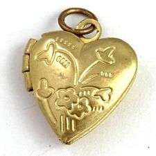 Vintage Heart Locket Charm Necklace Pendant Flower Design Tiny Size Brass picture