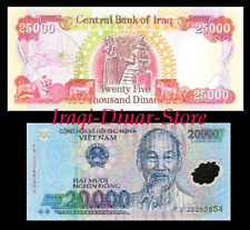 Iraqi Dinar 25 000 Dinar Note + Free 20,000 Vietnam Dong Note - New Uncirculated picture