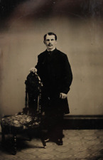 c1870s Tintype Handsome Man W Overcoat Mustache Rigid Stance Visible Stand D4221 picture