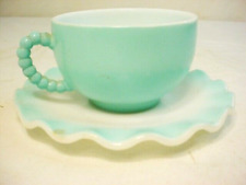 Vtg Hazel Atlas Tea Cup Saucer Aqua Turquoise Ruffled Blue Crinoline Milk Glass picture