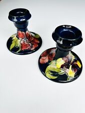 Antique Moorcroft Pottery Cobalt Blue Pair of Candle Holders Hibiscus Pattern picture
