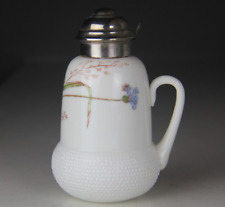 Antique White Glass Acorn Pattern w/ Hand Painted Floral Syrup Jug Pitcher-Glows picture