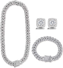 Mens Chains Diamond Cuban Link Chain Necklace Bracelets Set for Men Women Bling  picture