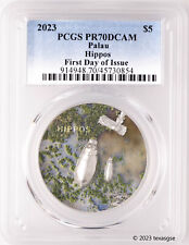 2023 Palau 1 oz Silver $5 Split Views - Hippos First Day Issue - PCGS PR70DCAM picture