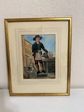 Vtg Antique Gouache Painting Man Basket of Fruit in Manner of Bartolomeo Pinelli picture