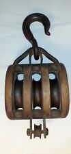 WI Barn Antique Primitive Triple Block & Tackle Wood Cast Iron Pulley Barn Farm picture