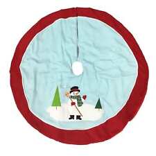 Blue & Red Felt Christmans Tree Skirt With Holiday Snowman Broom & Snowflakes picture