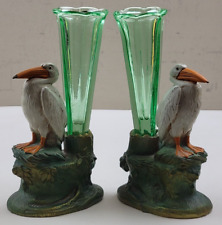 Vintage Cast Metal Pelican Candle Holder Set Pair w/ Uranium Glass Bud Vases picture