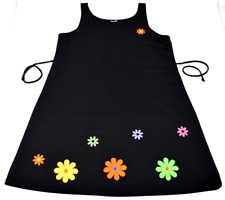Mini Dress VTG 60s Black Glowing Flowers Back Tie Adjustable Waist Sz S/M picture