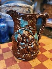 Antique Lustreware Redware Pitcher Sister & Brother Lost In Woods Paint Detail  picture