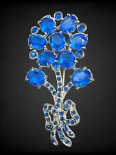 Vintage Blue Glass Rhinestone Daisy Flower Bouquet Pot Metal Brooch picture