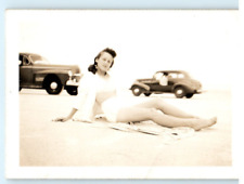 Vintage Photo 1947 Post WW2 Daytona Honeymoon, Pinup Style Beach w/ Cars 3.5x2.5 picture