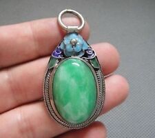 Rare Antique Chinese Miao Silver Enamel Mosaic jade Pendant Amulet picture