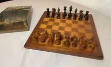 antique 1800's handmade wooden marquetry gaming chess checker board with pieces picture