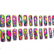 Handmade Press on Nails Long Square UV Gel Summer Neon Nails picture