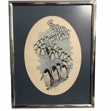 Vintage Mary Osterday Watercolor Painting Marching Penguins 1814/2150 Framed picture