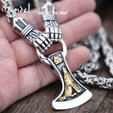 MENDEL Mens 30 Inch Stainless Steel Viking Axe Wolf Raven Pendant Necklace Chain picture