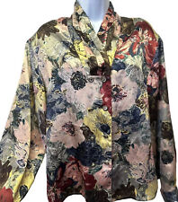 Vintage Size 12 Satin Double Breasted Button Up Blouse Artsy Floral Secretary picture
