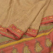 Sanskriti Vintage Cream Indian Sari 100% Pure Silk Fabric Printed 5 Yard Sarees picture