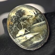 Antique 1890s Fedoskino Style Mother of Pearl Winter Scene Brooch with C Clasp picture