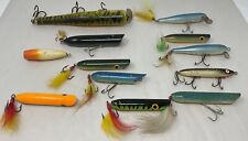 Lot of 12 Vintage Wooden Fishing Lures, treble hooks picture
