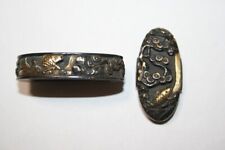 Fuchi Kashira Tsuba Highly Engraved with Gold Inlay Bronze Pommel and Stopper JP picture