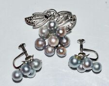 Superb 1950s Stg Silver Silver Grey Akoya Bunch Pearl Brooch & Matching Earrings picture