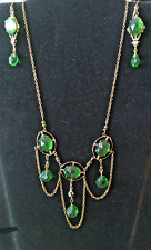 REDUCED Vintage Festoon Gold Filled Necklace Ears Emerald Crystal Stones Swag picture
