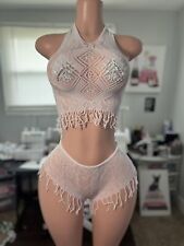 Stripper Outfit Exotic Dance wear Crochet Net Fringe Lingerie Shorts Set picture