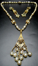 MIRIAM HASKELL Dangling Baroque Pearl Rhinestone Vintage Necklace Earring Set picture