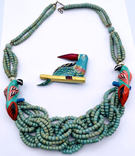 1980s-90s Vtg Green Bead Multi-Color Wooden Carved Parrot/Toucan Necklace & Pin picture