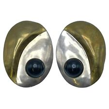 Vintage Modernist Louis Booth Earrings Pierced Brass Sterling Black Onyx SIGNED picture