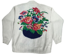 Vintage Hand Knitted Sweater Womens M Cape Isle Knitters White Floral Button Up picture