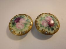 Antique Hand Painted Porcelain Buttons Studs Pink Roses Gold Trim picture