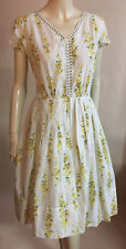 1950s Vintage R&K White Yellow Flower Cotton Day Dress Fitted Top Full Skirt M L picture
