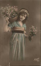 Girls 1916 Girl with Flowers Mesange Levy Fils & Cie Postcard 10c stamp Vintage picture