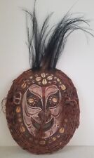 Vtg Papua New Guinea Headhunter Tribal Wood Mask Cowrie Shell Tarantula Feathers picture