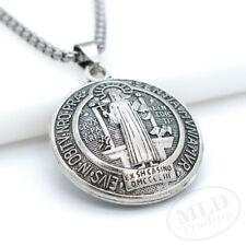 3D Saint St Benedict Medal Thick Pendant Necklace w 24